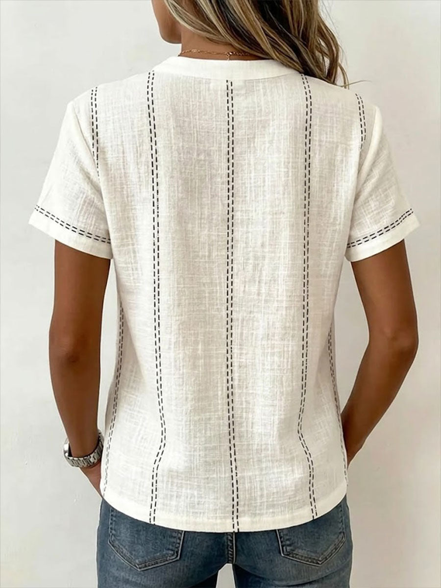 Women's V-neck Short-sleeve Casual Loose Cotton-linen TopX