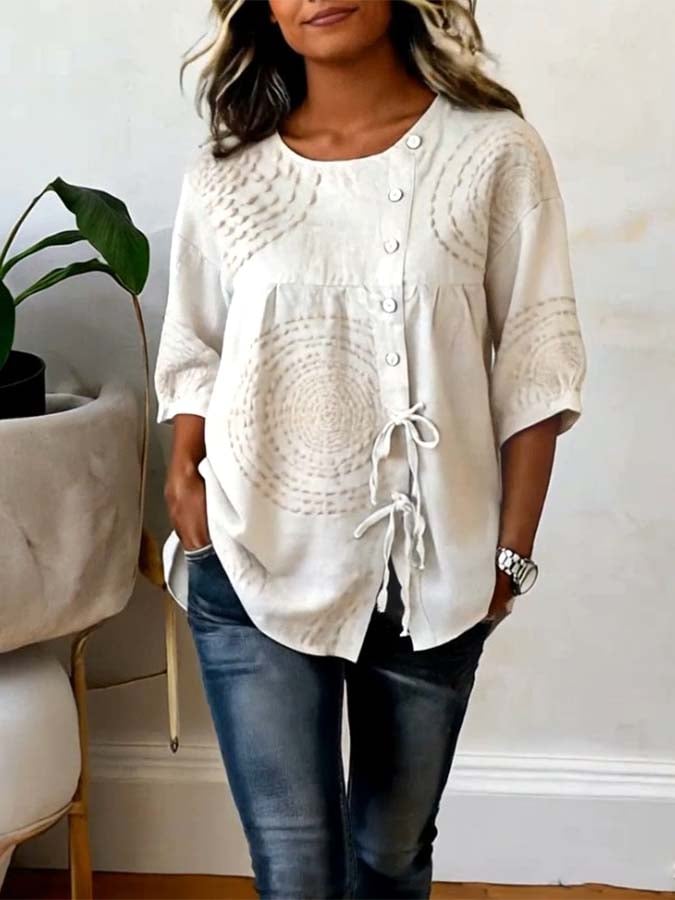 Women's Casual Crew-Neck Striped Tie-Front Shirt