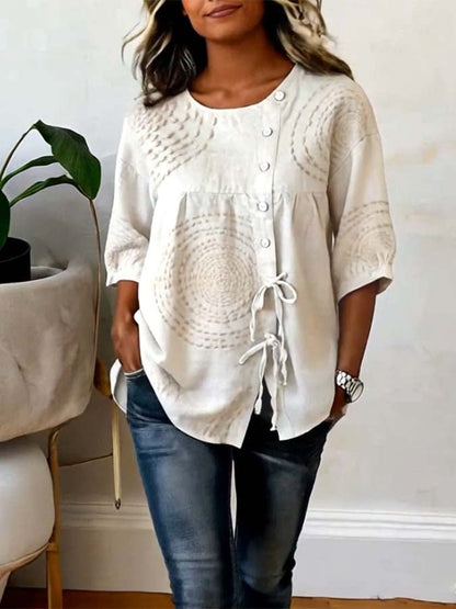Women's Casual Crew-Neck Striped Tie-Front Shirt