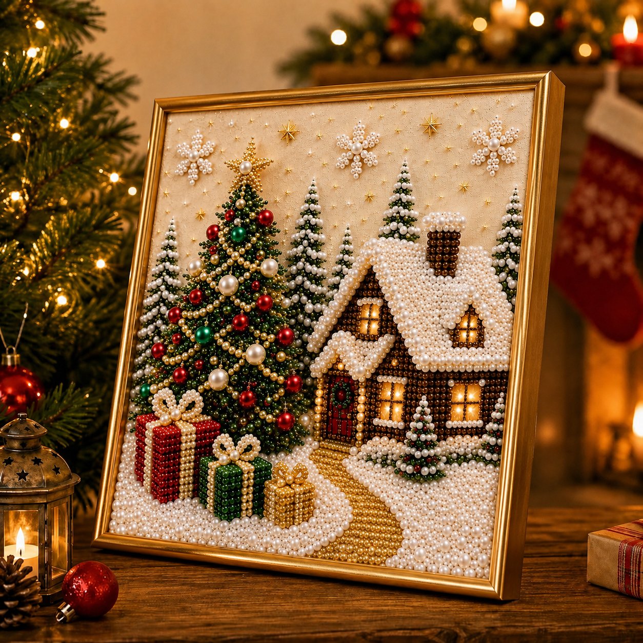🎄🎅 Premium 3D Pearl Christmas Wall Art Kit | Luxury Flocked Canvas with Scratch-Resistant Non-Fading Pearl Beads DIY Holiday Decor⛄️❄️