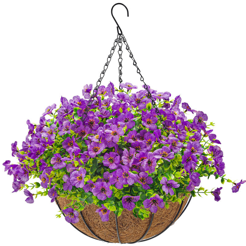 Artificial Hanging Flowers Basket for Outdoors Fake Hanging Plants Spring Summer Decoration UV Resistant for Garden Front Porch Patio Balcony Decor purple