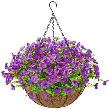 Artificial Hanging Flowers Basket for Outdoors Fake Hanging Plants Spring Summer Decoration UV Resistant for Garden Front Porch Patio Balcony Decor purple