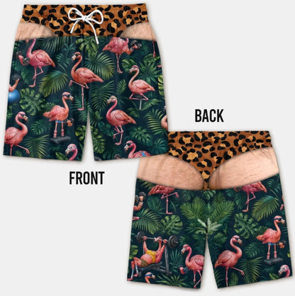 Funny Leopard‑Print Fake Denim Swim Shorts | Novelty Illusion Beach Trunks