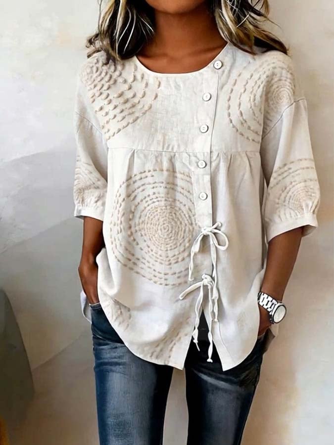 Women's Casual Crew-Neck Striped Tie-Front Shirt