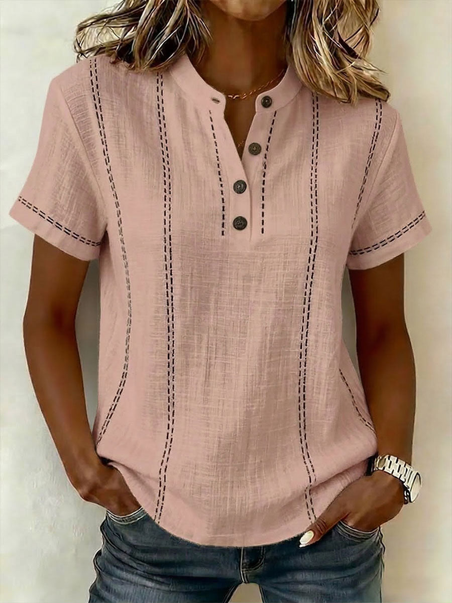 Women's V-neck Short-sleeve Casual Loose Cotton-linen TopX