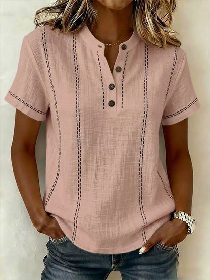 Women's V-neck Short-sleeve Casual Loose Cotton-linen TopX