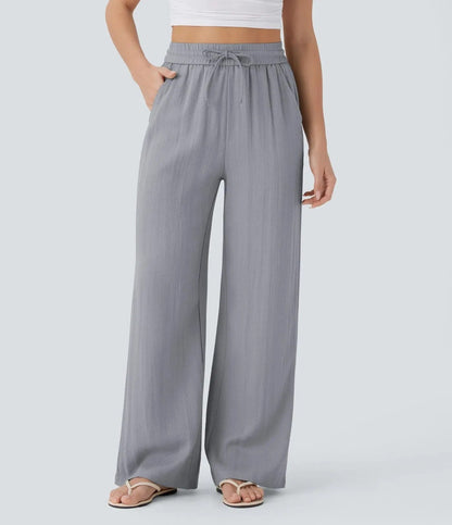 High-Waisted Drawstring Pocket Wide-Leg Casual Linen-Feel Trousers🔥Buy 2 Free Shipping