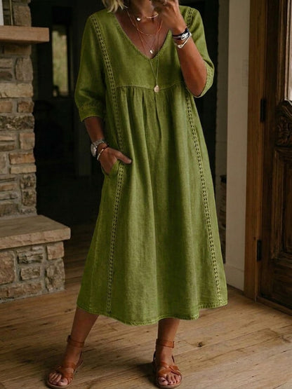 New Arrivals🔥Women's Casual Loose-fitting Patchwork Lace Trim Linen And Cotton Dress