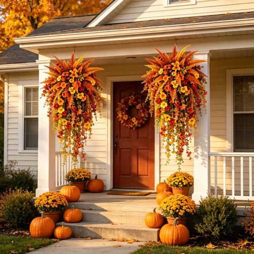 🍂 Artificial Fall Harvest Hanging Basket - Autumn Porch & Door Decoration
