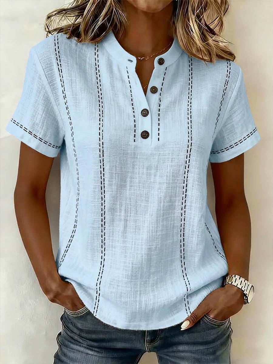 Women's V-neck Short-sleeve Casual Loose Cotton-linen TopX