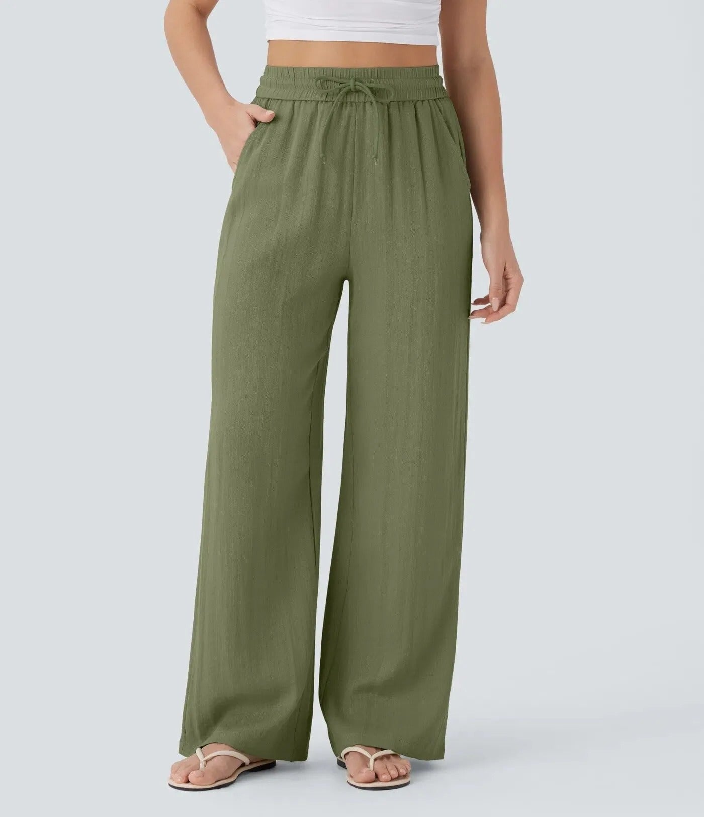 High-Waisted Drawstring Pocket Wide-Leg Casual Linen-Feel Trousers🔥Buy 2 Free Shipping