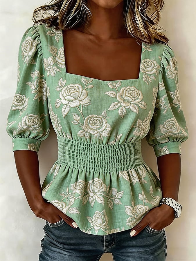 Women'S Casual Square Neck Printed Short-Sleeved Top