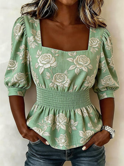 Women'S Casual Square Neck Printed Short-Sleeved Top