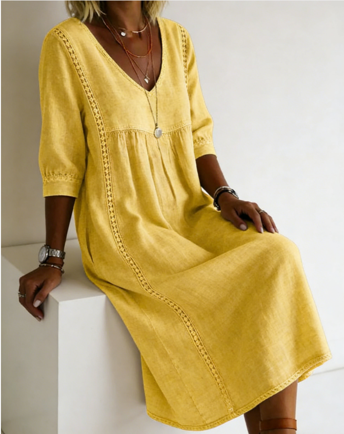 New Arrivals🔥Women's Casual Loose-fitting Patchwork Lace Trim Linen And Cotton Dress