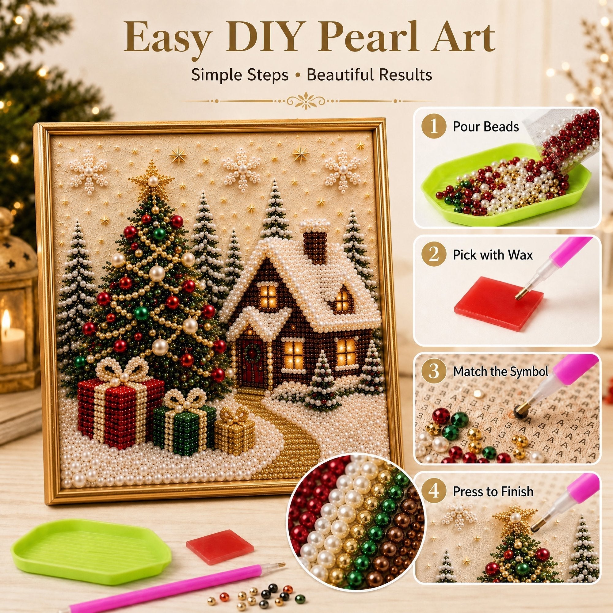 🎄🎅 Premium 3D Pearl Christmas Wall Art Kit | Luxury Flocked Canvas with Scratch-Resistant Non-Fading Pearl Beads DIY Holiday Decor⛄️❄️