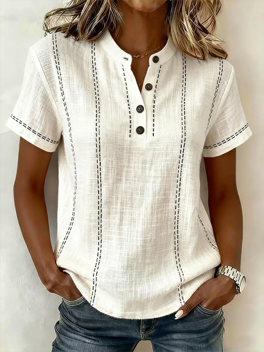 Women's V-neck Short-sleeve Casual Loose Cotton-linen TopX