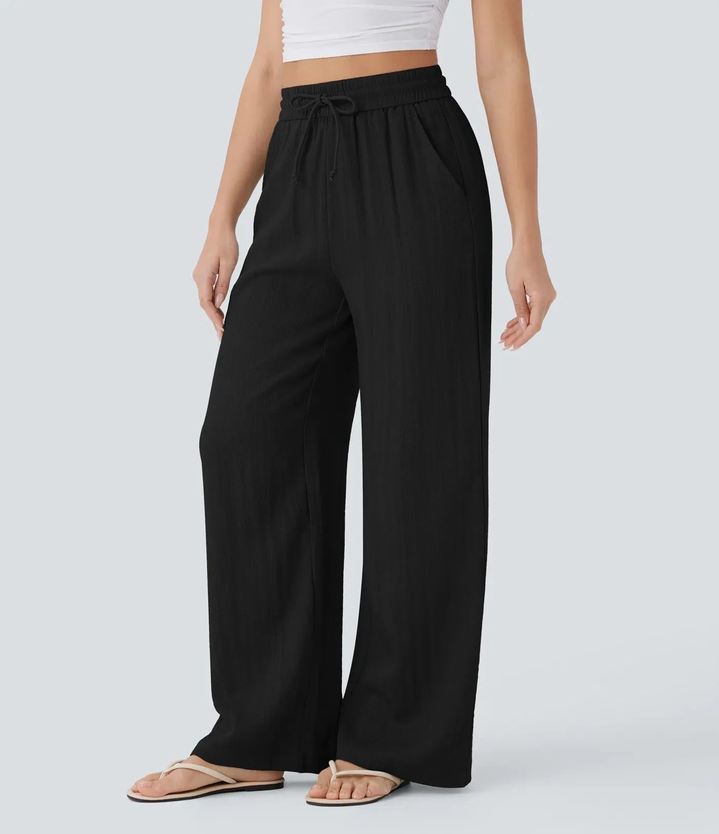 High-Waisted Drawstring Pocket Wide-Leg Casual Linen-Feel Trousers🔥Buy 2 Free Shipping