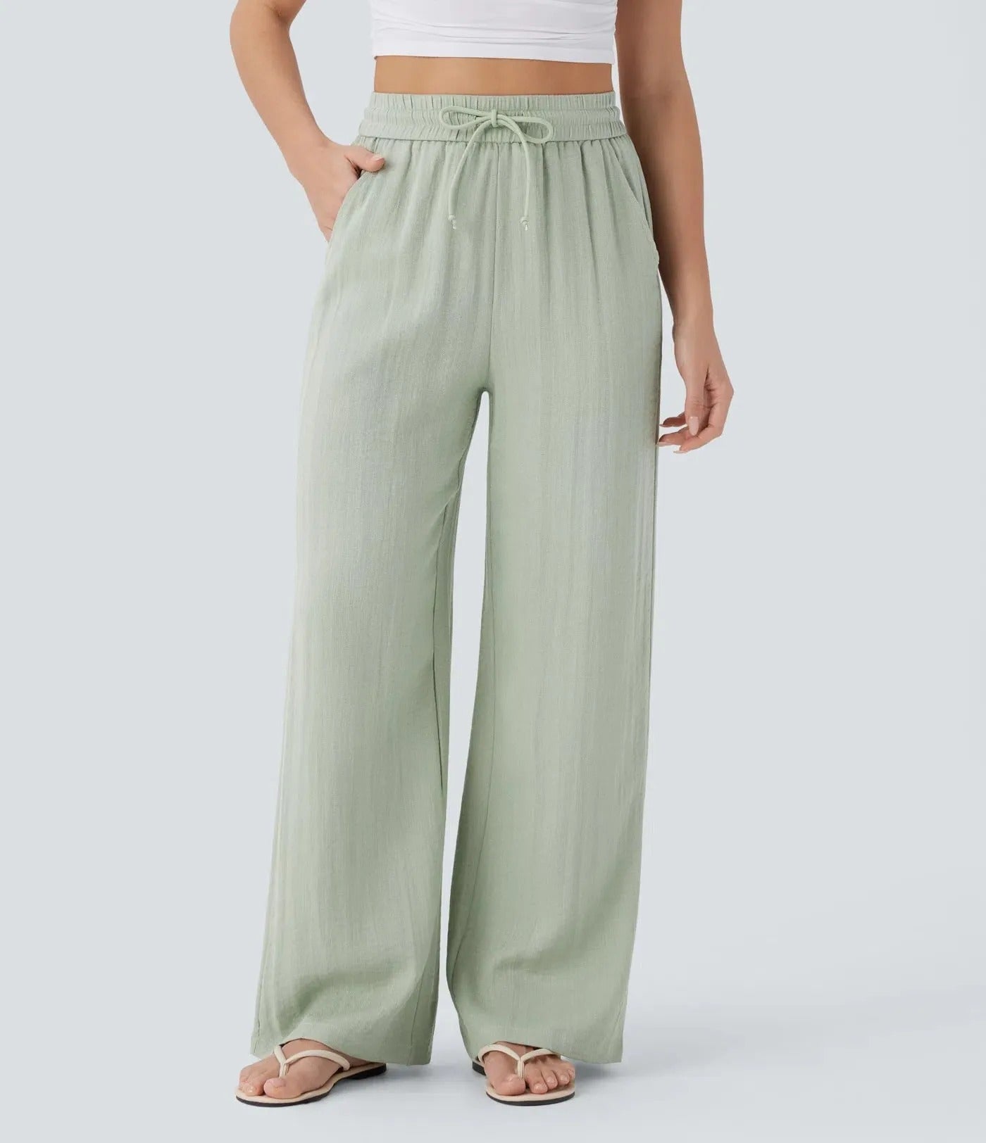High-Waisted Drawstring Pocket Wide-Leg Casual Linen-Feel Trousers🔥Buy 2 Free Shipping