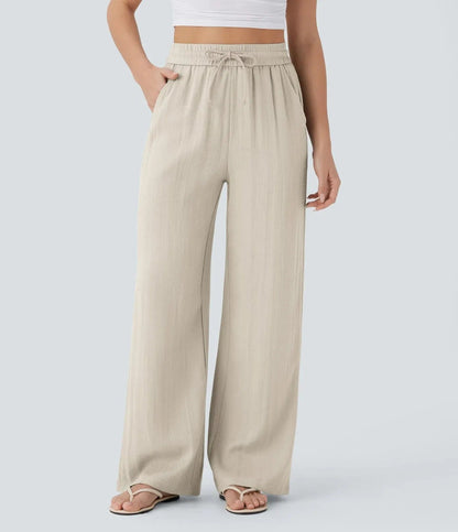 High-Waisted Drawstring Pocket Wide-Leg Casual Linen-Feel Trousers🔥Buy 2 Free Shipping