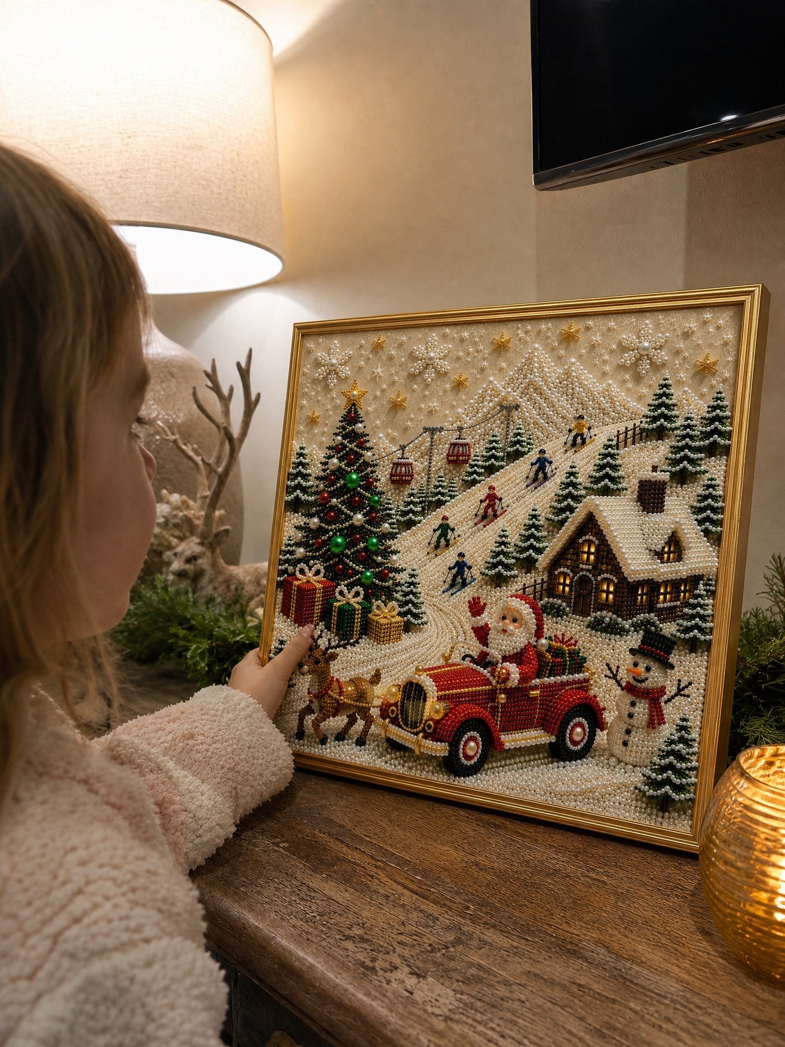 🎄🎅 Premium 3D Pearl Christmas Wall Art Kit | Luxury Flocked Canvas with Scratch-Resistant Non-Fading Pearl Beads DIY Holiday Decor⛄️❄️