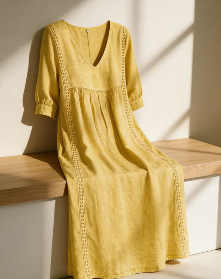 New Arrivals🔥Women's Casual Loose-fitting Patchwork Lace Trim Linen And Cotton Dress