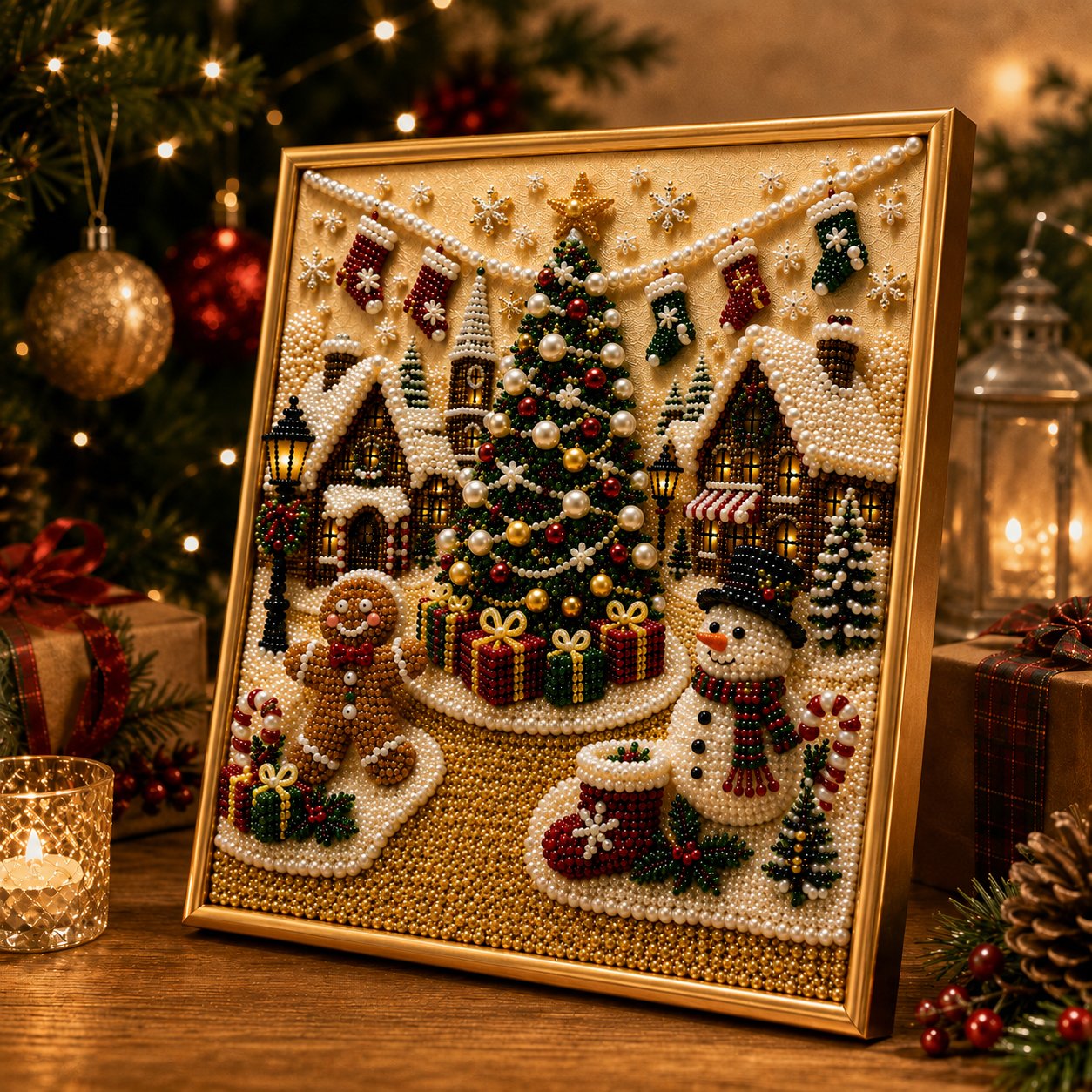 🎄🎅 Premium 3D Pearl Christmas Wall Art Kit | Luxury Flocked Canvas with Scratch-Resistant Non-Fading Pearl Beads DIY Holiday Decor⛄️❄️