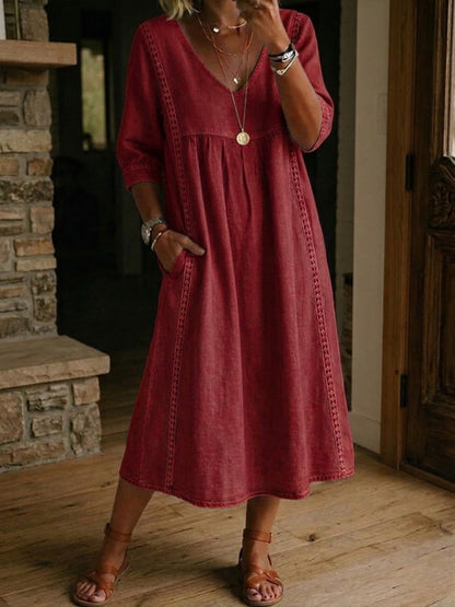 New Arrivals🔥Women's Casual Loose-fitting Patchwork Lace Trim Linen And Cotton Dress