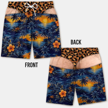 Funny Leopard‑Print Fake Denim Swim Shorts | Novelty Illusion Beach Trunks