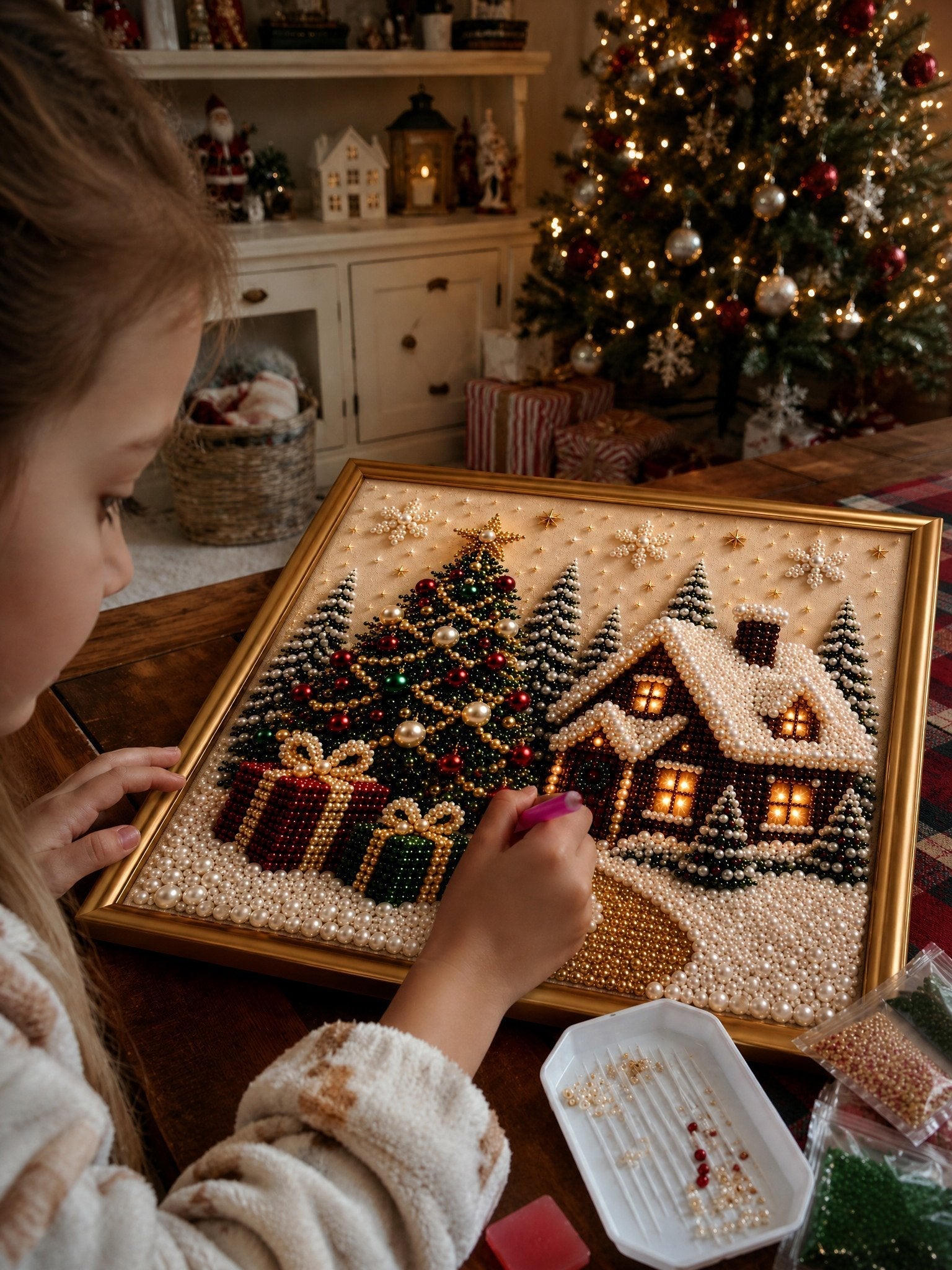 🎄🎅 Premium 3D Pearl Christmas Wall Art Kit | Luxury Flocked Canvas with Scratch-Resistant Non-Fading Pearl Beads DIY Holiday Decor⛄️❄️