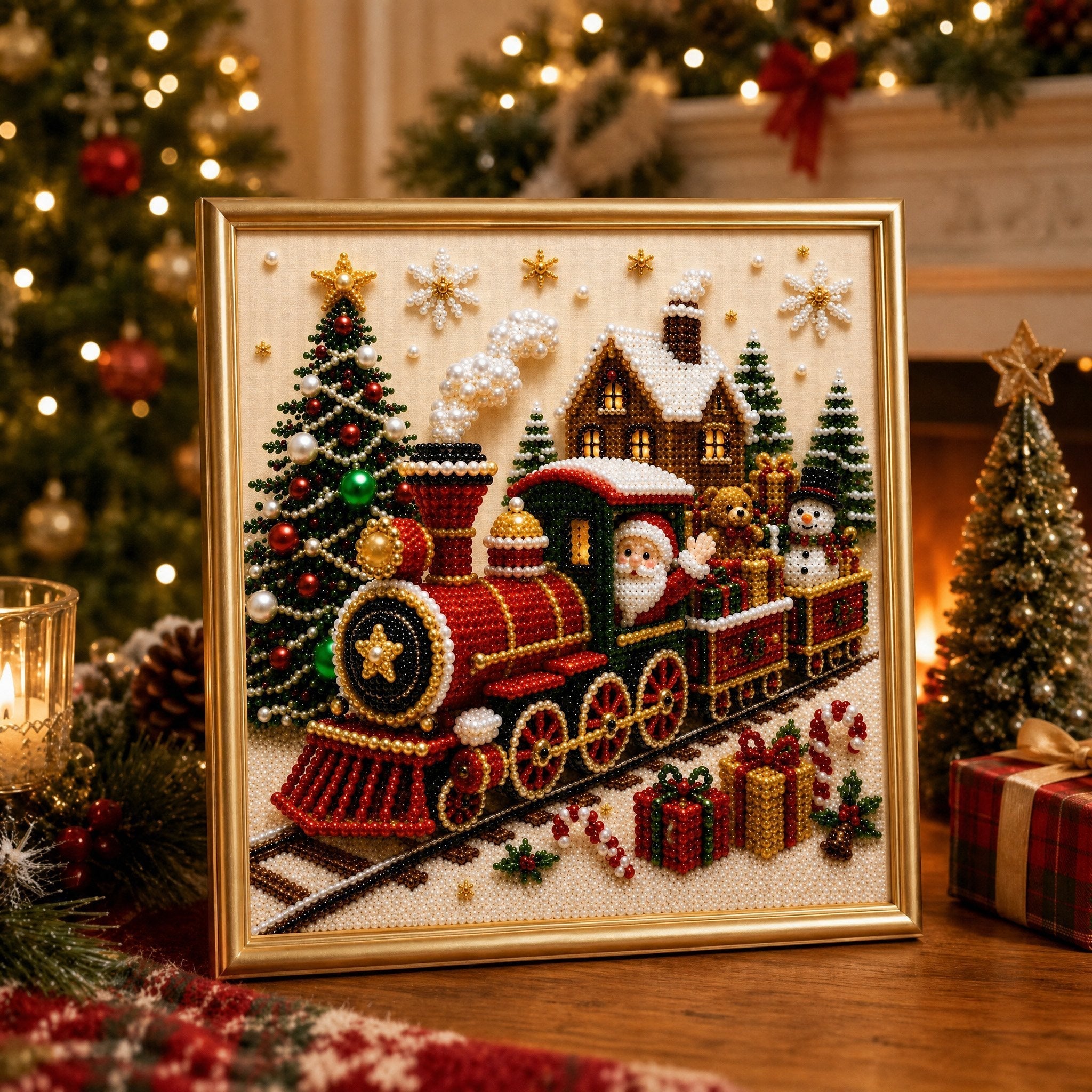 🎄🎅 Premium 3D Pearl Christmas Wall Art Kit | Luxury Flocked Canvas with Scratch-Resistant Non-Fading Pearl Beads DIY Holiday Decor⛄️❄️