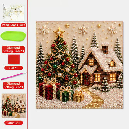 🎄🎅 Premium 3D Pearl Christmas Wall Art Kit | Luxury Flocked Canvas with Scratch-Resistant Non-Fading Pearl Beads DIY Holiday Decor⛄️❄️