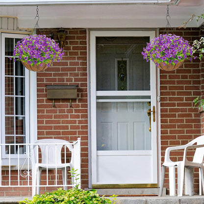 Artificial Hanging Flowers Basket for Outdoors Fake Hanging Plants Spring Summer Decoration UV Resistant for Garden Front Porch Patio Balcony Decor purple