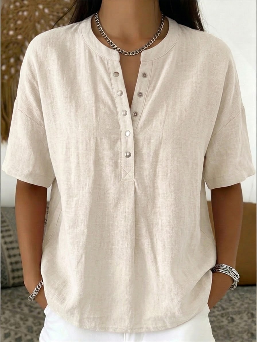 New Arrivals🔥 Women’s Casual Henley Collar Linen And Cotton Short-sleeve Shirt