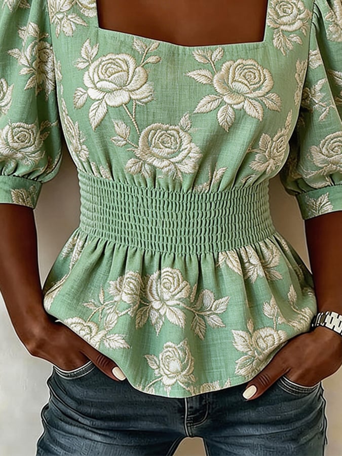Women'S Casual Square Neck Printed Short-Sleeved Top