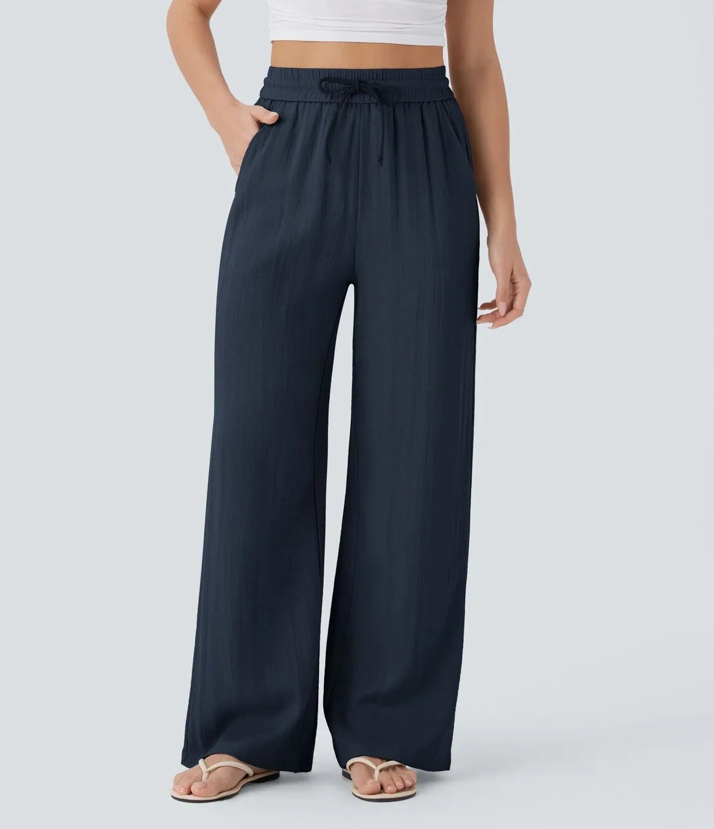 High-Waisted Drawstring Pocket Wide-Leg Casual Linen-Feel Trousers🔥Buy 2 Free Shipping